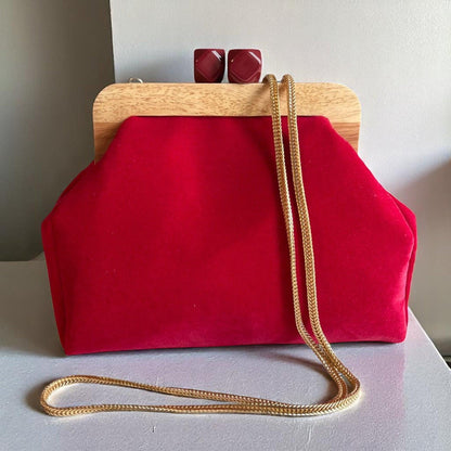 Handmade Red Velvet Clutch with Wooden Frame | Bold Evening Bag | Geometric Clasp Purse | Red Handbag| Gift for Her - Glam Duchess