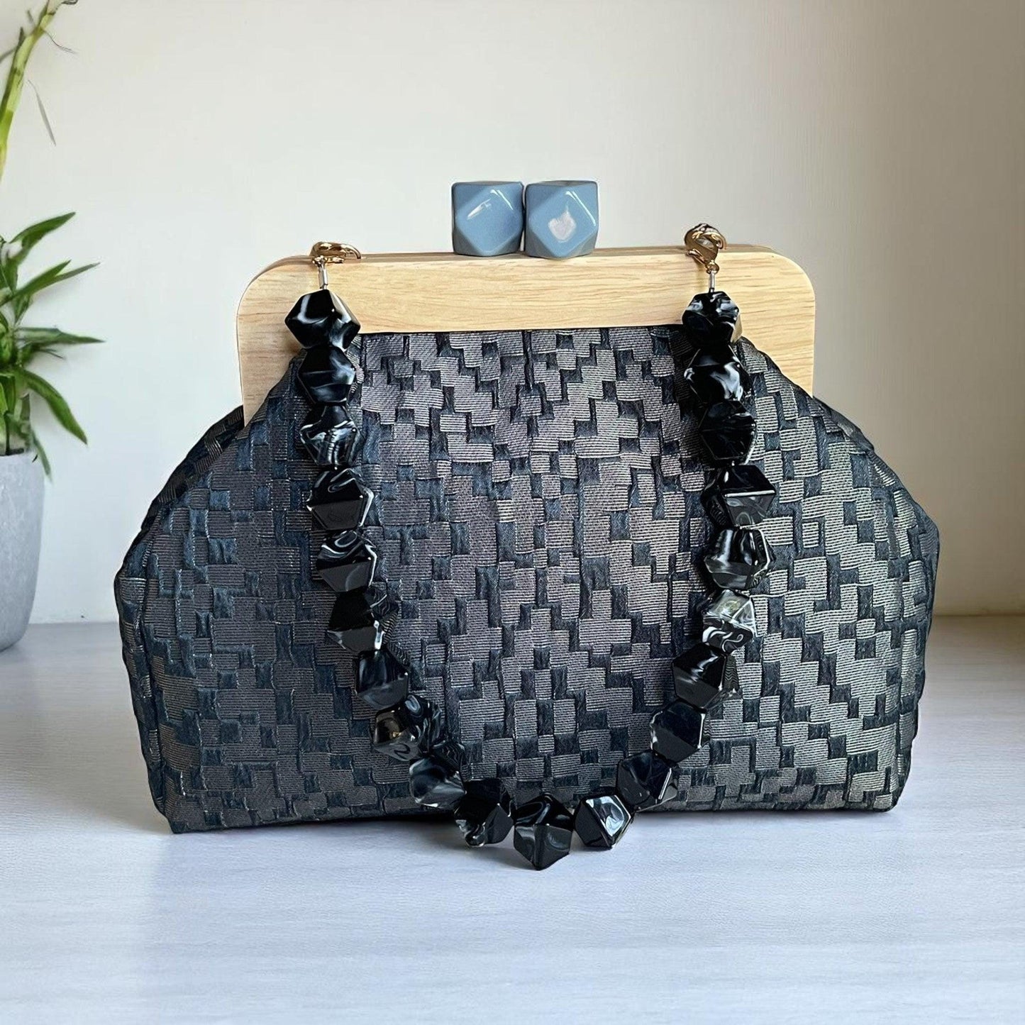 Large Textured Clutch with Wooden Frame and Yellow Beaded Handle – Handmade Evening Purse | Elegant Party Bag | Aramele Atelier