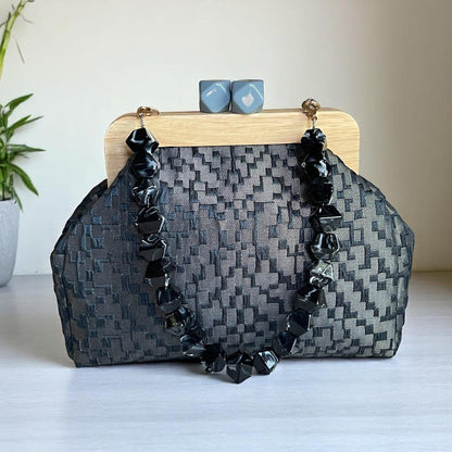 Large Textured Clutch with Wooden Frame and Yellow Beaded Handle – Handmade Evening Purse | Elegant Party Bag | Aramele Atelier