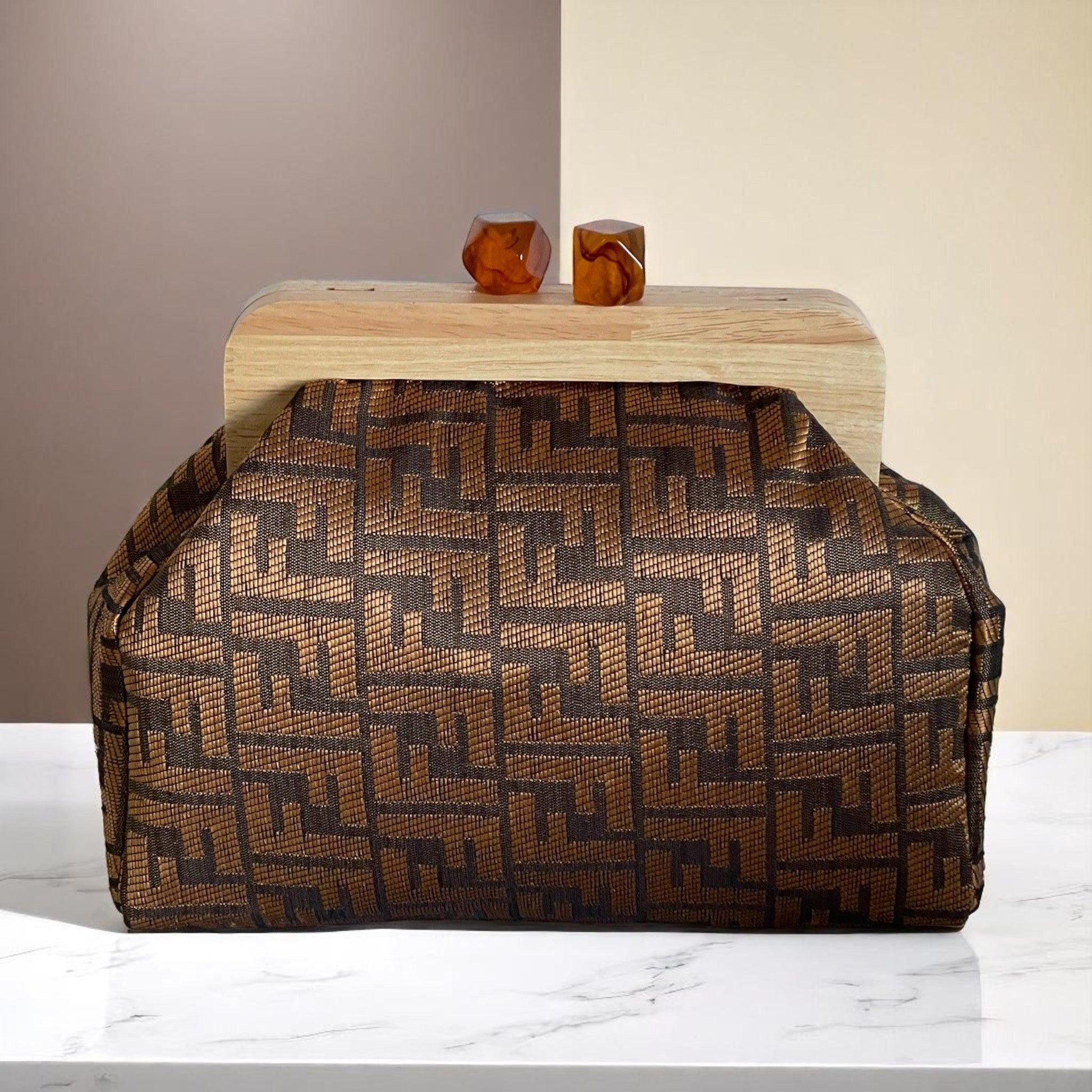 Handmade Geometric Weave Clutch Bag with Amber Accents | Wooden Frame Minimal Bag | Unique Evening Purse - Glam Duchess