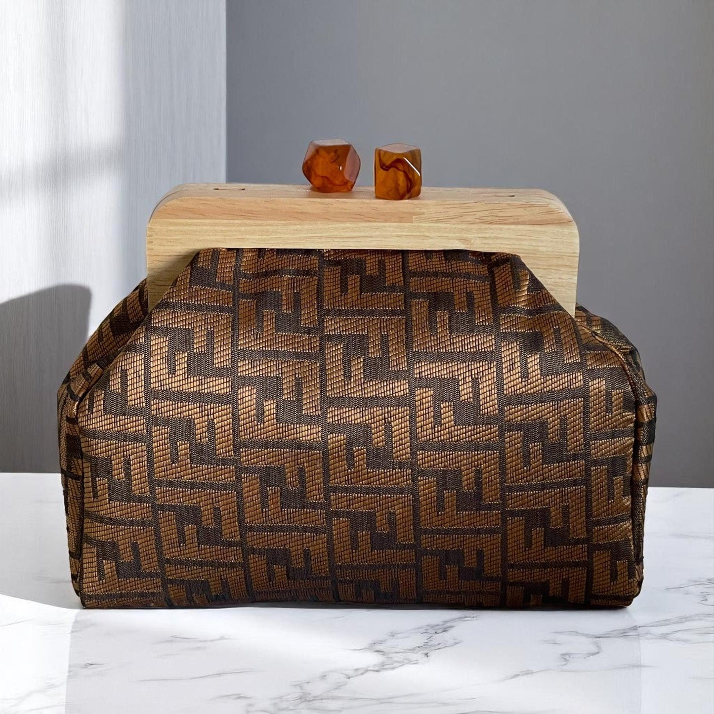 Handmade Geometric Weave Clutch Bag with Amber Accents | Wooden Frame Minimal Bag | Unique Evening Purse - Glam Duchess