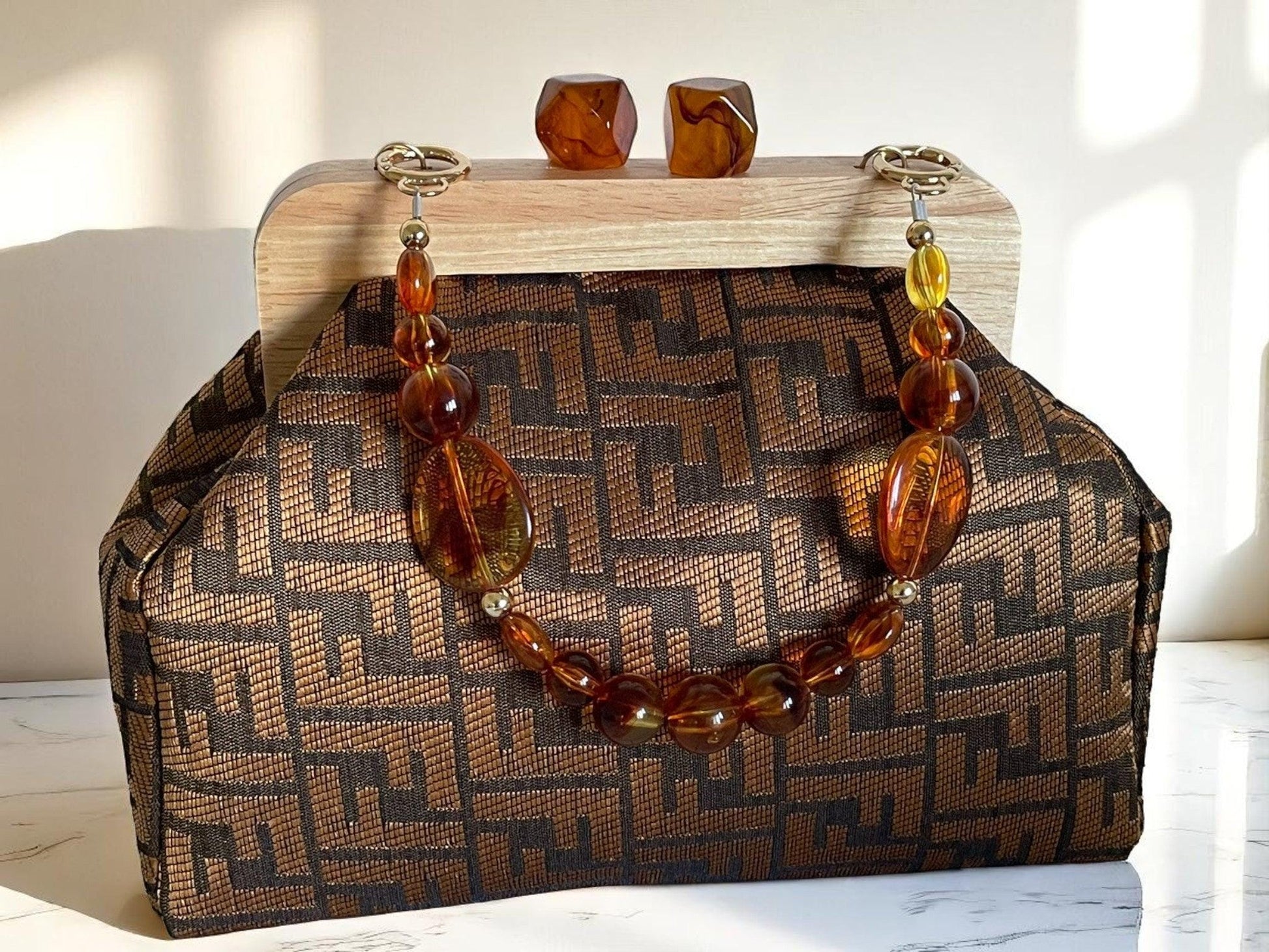 Handmade Geometric Weave Clutch Bag with Amber Accents | Wooden Frame Minimal Bag | Unique Evening Purse - Glam Duchess