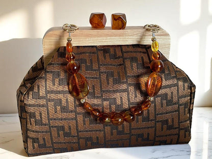 Handmade Geometric Weave Clutch Bag with Amber Accents | Wooden Frame Minimal Bag | Unique Evening Purse - Glam Duchess