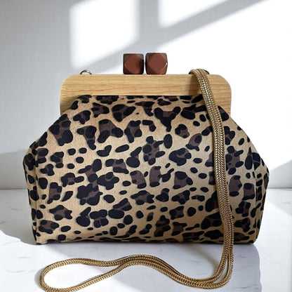 Leopard Print Clutch with Wooden Frame | Handmade Statement Bag | Animal Print Evening Purse | Bold Accessory