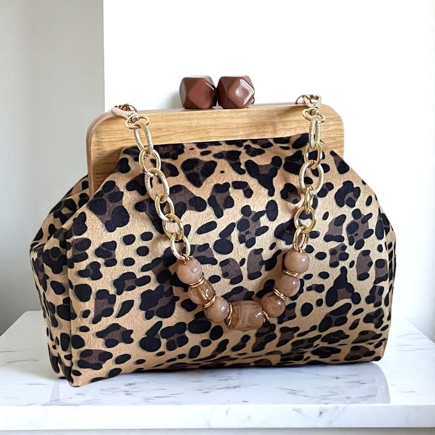 Leopard Print Clutch with Wooden Frame | Handmade Statement Bag | Animal Print Evening Purse | Bold Accessory