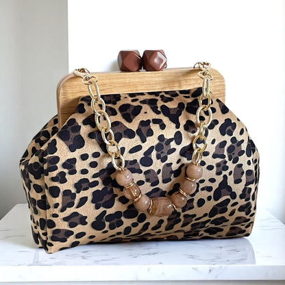 Leopard Print Clutch with Wooden Frame | Handmade Statement Bag | Animal Print Evening Purse | Bold Accessory