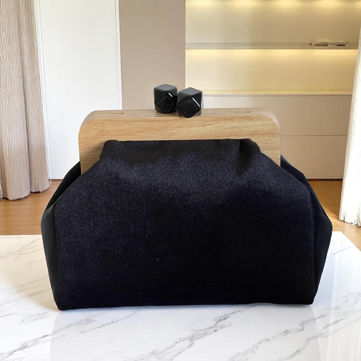 Black Large Clutch with Wooden Frame and Geometric Beaded Handle, Handmade Evening Bag | Modern Formal Purse | Aramele Atelier