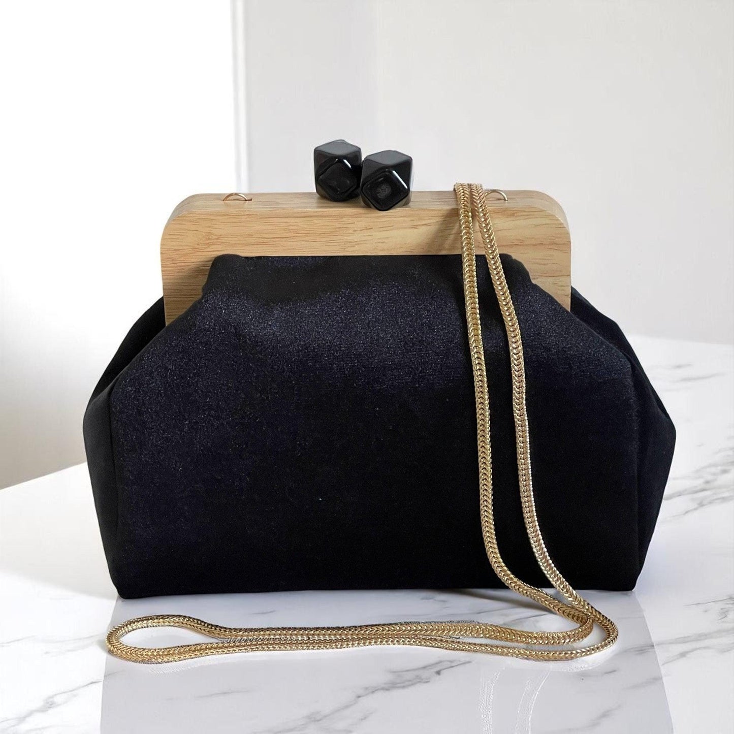 Black Large Clutch with Wooden Frame and Geometric Beaded Handle, Handmade Evening Bag | Modern Formal Purse | Aramele Atelier