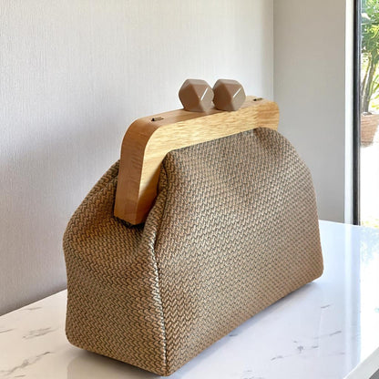 Handmade Woven Clutch with Wood Frame, Natural Texture Evening Bag - Glam Duchess
