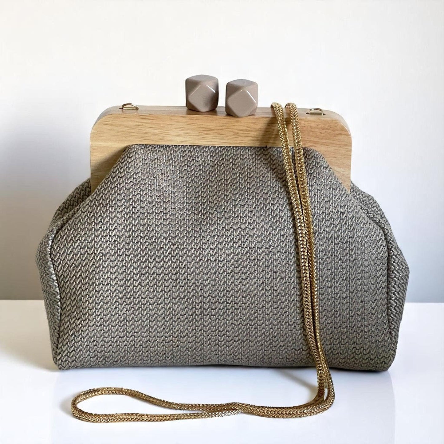 Handmade Woven Clutch with Wood Frame, Natural Texture Evening Bag from Türkiye