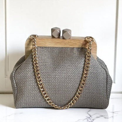 Handmade Beige Woven Clutch Bag with Wooden Frame and Marble Beaded Handle – Elegant Textured Purse for Women - Glam Duchess