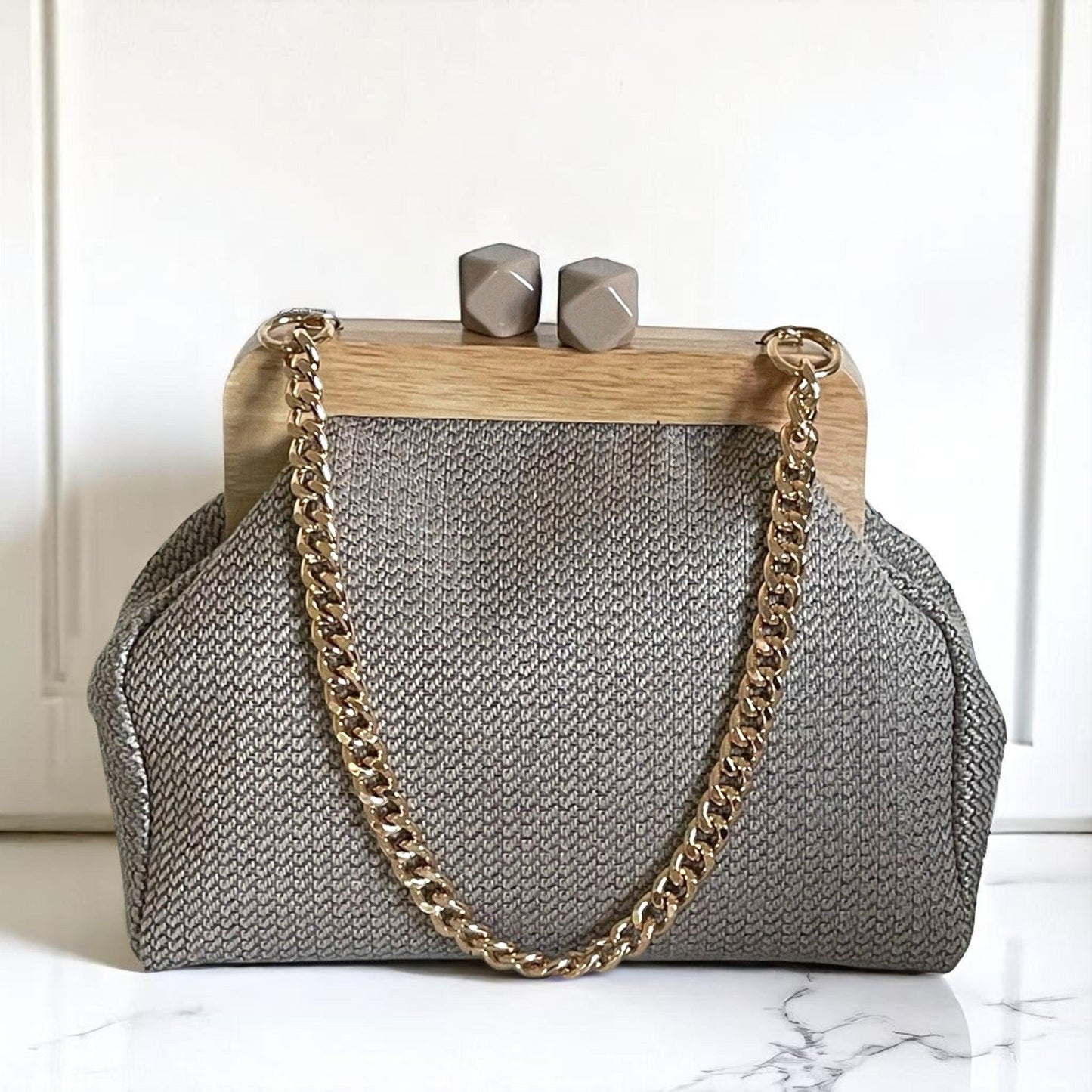 Handmade Woven Clutch with Wood Frame, Natural Texture Evening Bag from Türkiye