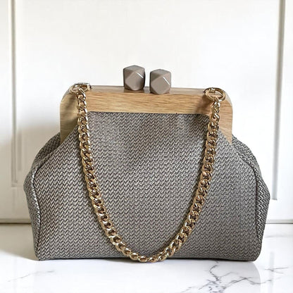 Handmade Woven Clutch with Wood Frame, Natural Texture Evening Bag - Glam Duchess