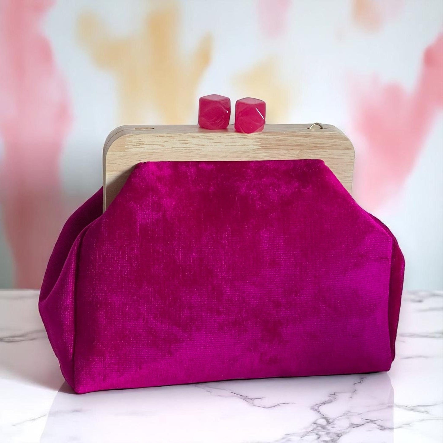 Luxury Fuchsia Velvet Clutch Handmade with Wood Frame , Minimal Evening Bag, Elegant Party Purse, Unique Gift from Türkiye