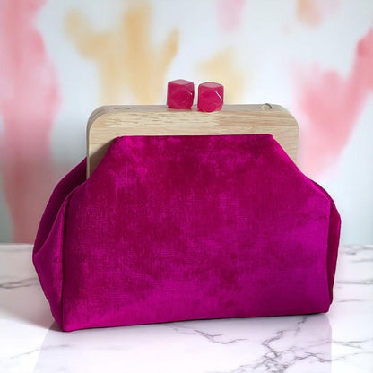Luxury Fuchsia Velvet Clutch Handmade with Wood Frame , Minimal Evening Bag, Elegant Party Purse, Unique Gift - Glam Duchess