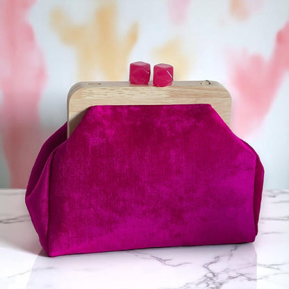 Fuchsia Velvet Clutch Handmade with Wood Frame , Minimal Evening Bag, Elegant Party Purse, Unique Gift - Glam Duchess