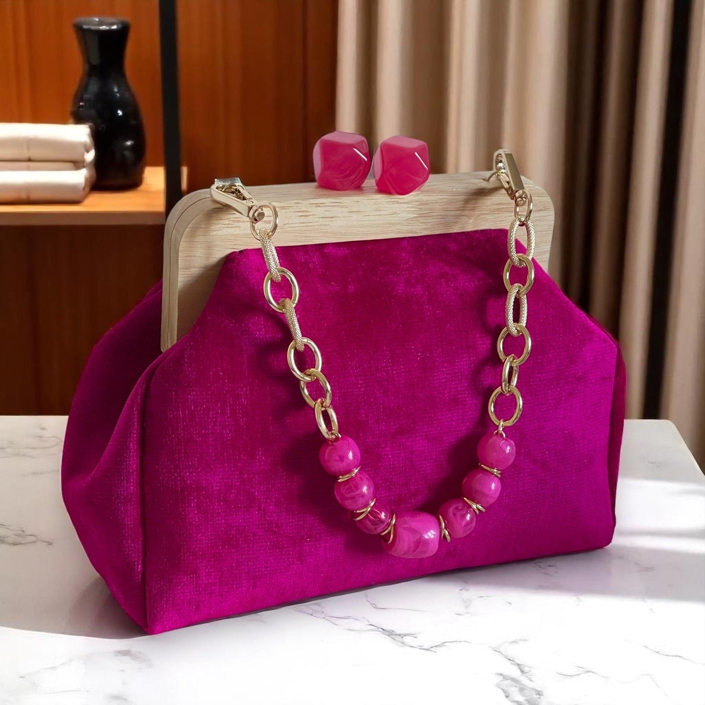 Luxury Fuchsia Velvet Clutch Handmade with Wood Frame , Minimal Evening Bag, Elegant Party Purse, Unique Gift from Türkiye