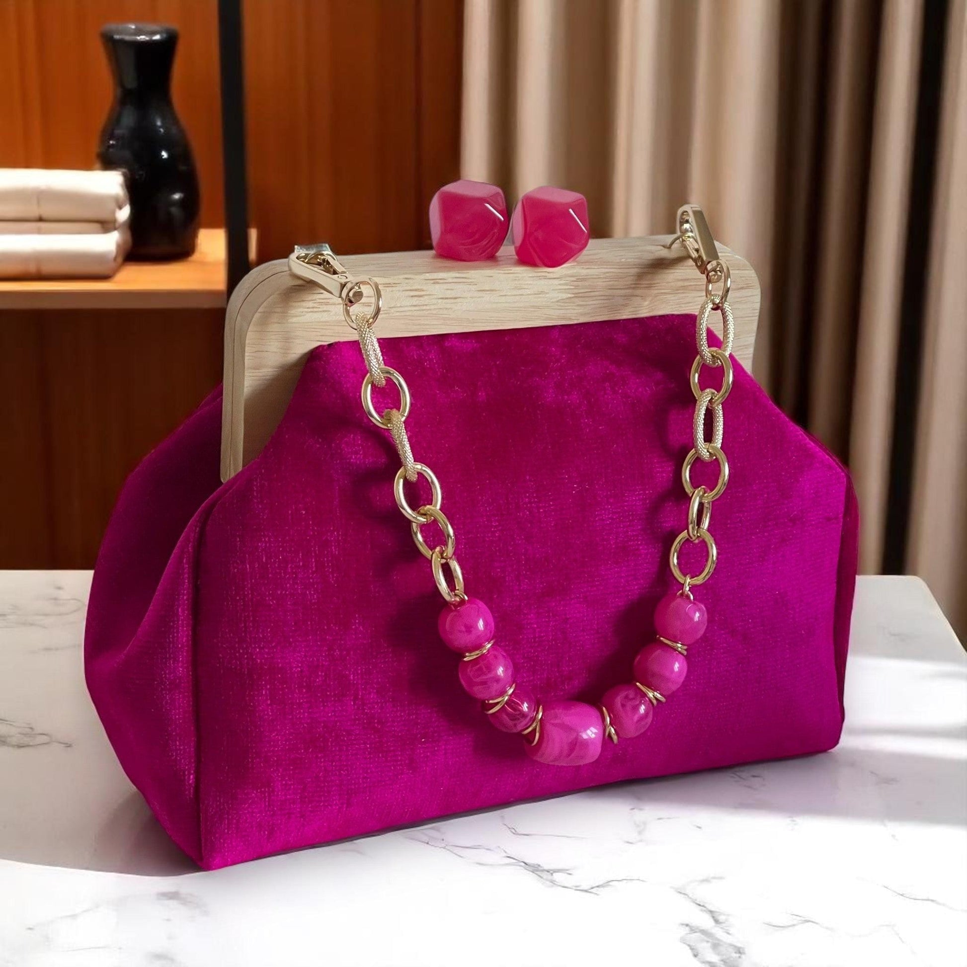 Fuchsia Velvet Clutch Handmade with Wood Frame , Minimal Evening Bag, Elegant Party Purse, Unique Gift - Glam Duchess