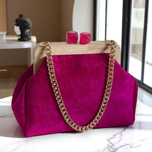 Fuchsia Velvet Clutch Handmade with Wood Frame , Minimal Evening Bag, Elegant Party Purse, Unique Gift - Glam Duchess