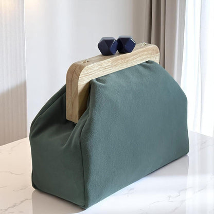 Handmade Green Velvet Clutch with Gold Chain | Wooden Frame Bag with Navy Clasp, Elegant Evening Purse, Statement Handbag| - Glam Duchess