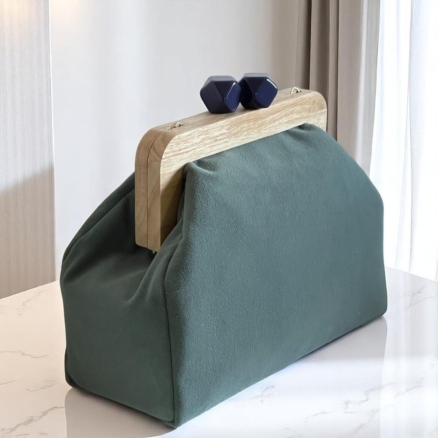 Green Velvet Clutch with Gold Chain | Handmade Wooden Frame Bag with Navy Clasp, Elegant Evening Purse, Statement Accessory| Made in Türkiye