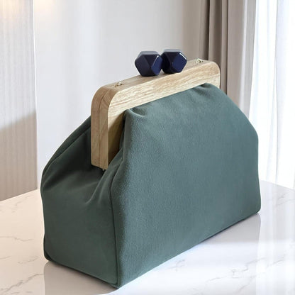 Green Velvet Clutch with Gold Chain | Handmade Wooden Frame Bag with Navy Clasp, Elegant Evening Purse, Statement Accessory| - Glam Duchess