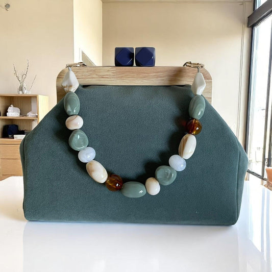 Green Velvet Clutch with Gold Chain | Handmade Wooden Frame Bag with Navy Clasp, Elegant Evening Purse, Statement Accessory| Made in Türkiye