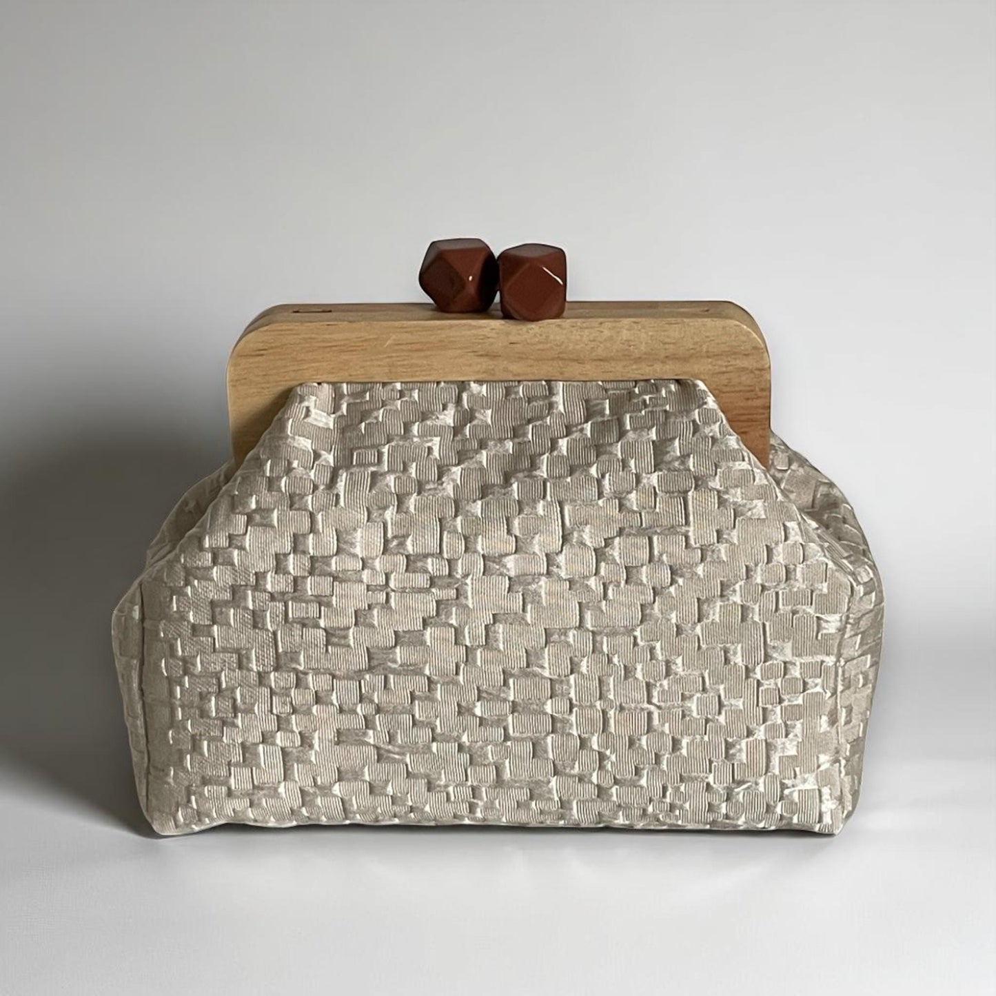 Beige Textured Clutch with Wooden Frame,Handmade Neutral Evening Bag with Brown Geometric Clasp | Elegant Structured Purse|