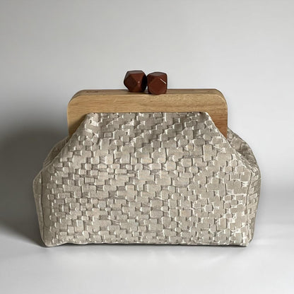 Beige Textured Clutch with Wooden Frame,Handmade Neutral Evening Bag with Brown Geometric Clasp | Elegant Structured Purse|