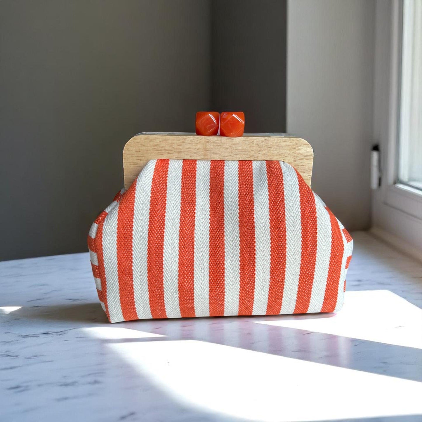 Striped Canvas Clutch with Wooden Frame - Handmade Bag, Lightweight Summer Purse, Eco-Friendly Accessory, Unique Gift Idea - Glam Duchess