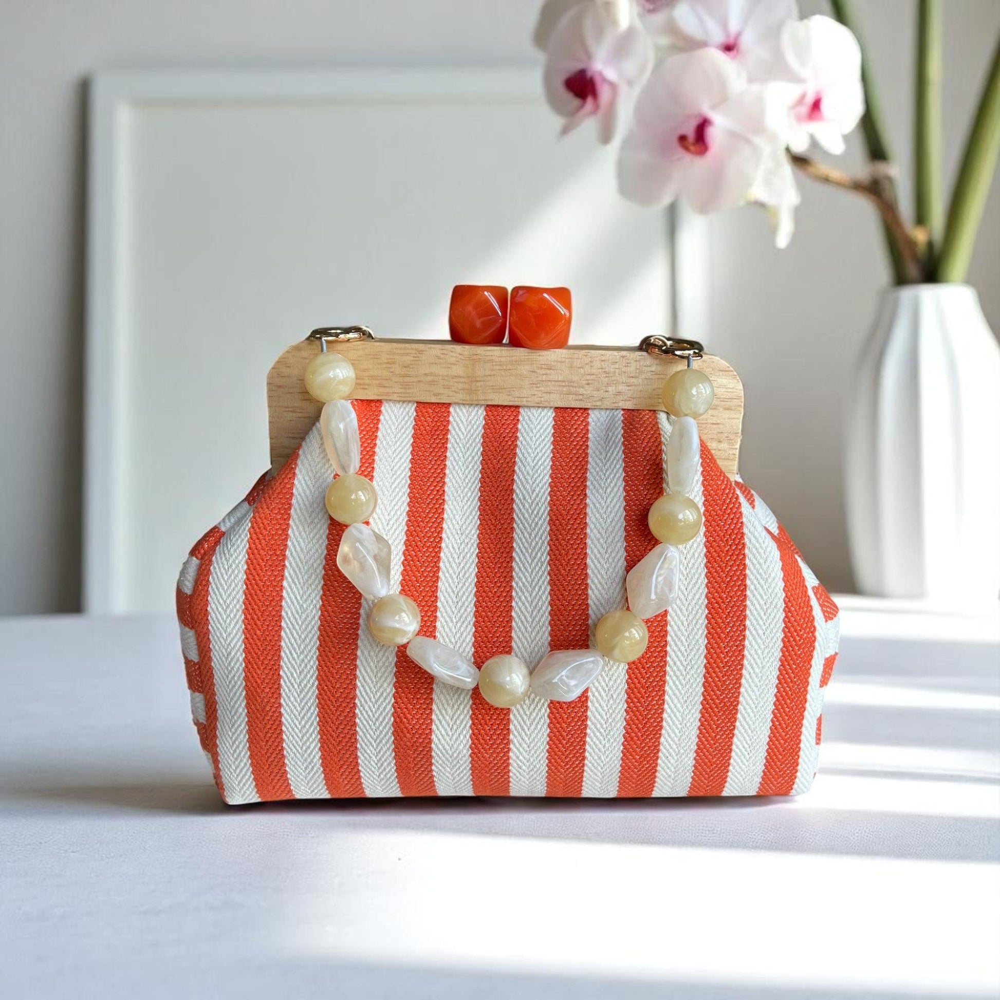 Striped Canvas Clutch with Wooden Frame - Handmade Bag, Lightweight Summer Purse, Eco-Friendly Accessory, Unique Gift Idea - Glam Duchess