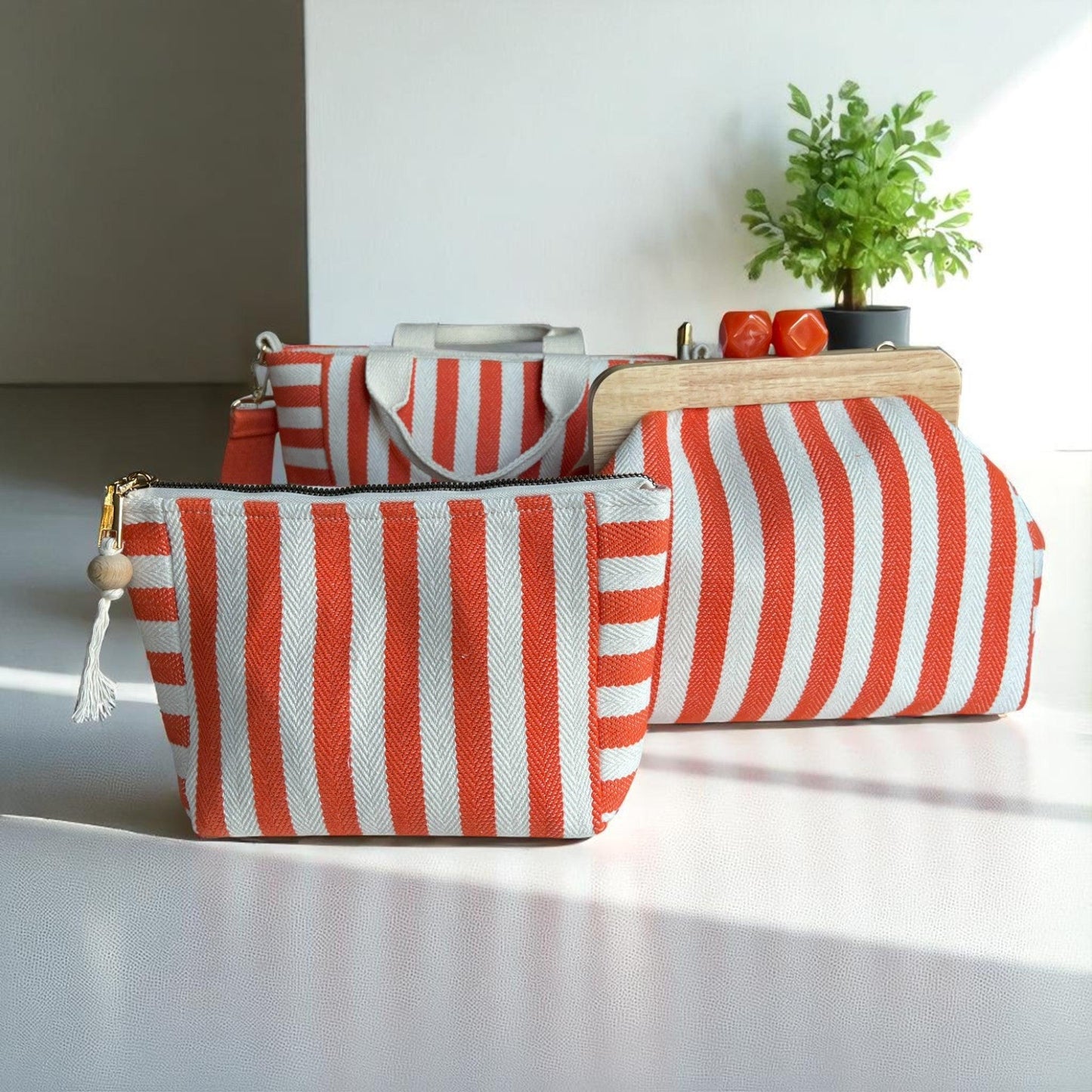 Orange and White Striped Canvas Bag Set, Handmade Tote, Clutch, and Pouch with Wood Frame and Zipper| Summer Travel Set, Hand - Glam Duchess