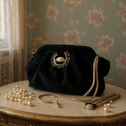 Black Velvet Evening Clutch with Gold Chain & Pearl Eye Brooch, Elegant Handmade Purse for Weddings, Parties, Evening Bag - Glam Duchess