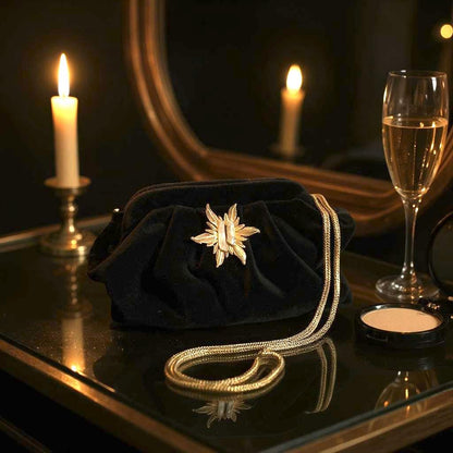 Black Velvet Evening Clutch with Gold Chain & Baroque Pearl Brooch – Elegant Handmade Purse for Weddings, Formal Events – - Glam Duchess