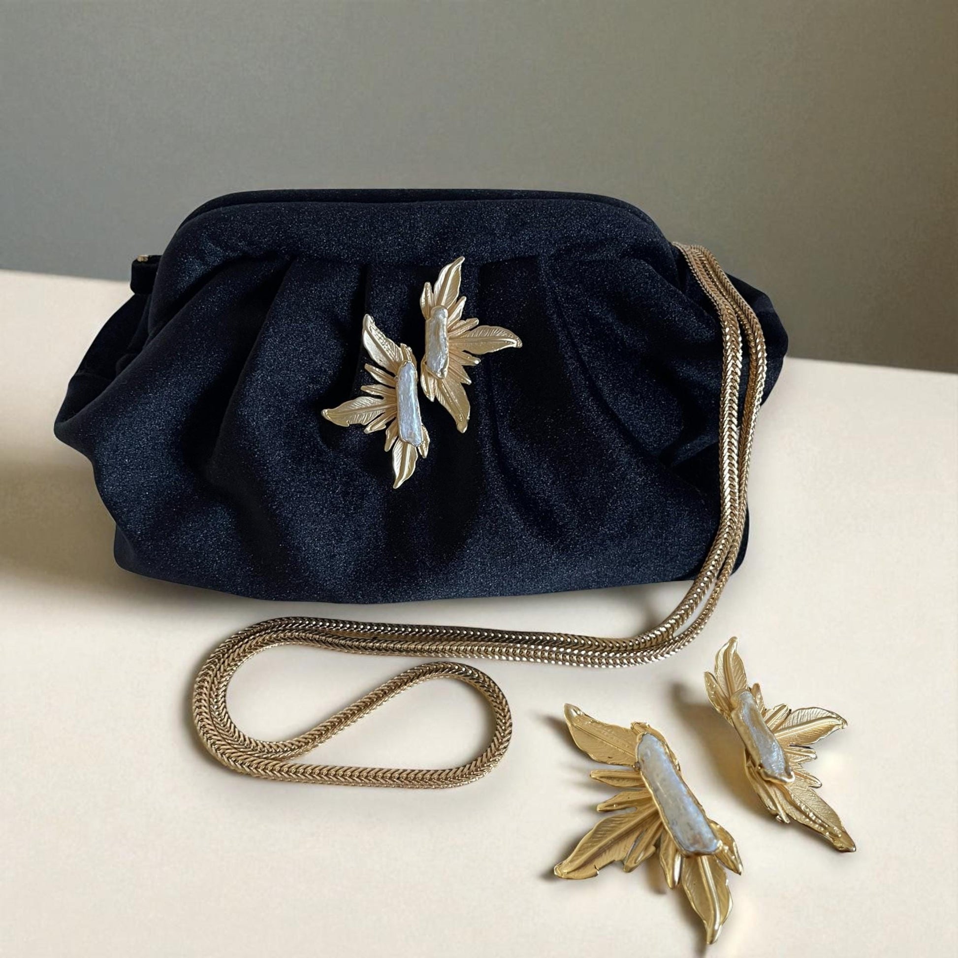Black Velvet Evening Clutch with Gold Chain & Baroque Pearl Brooch – Elegant Handmade Purse for Weddings, Formal Events – - Glam Duchess