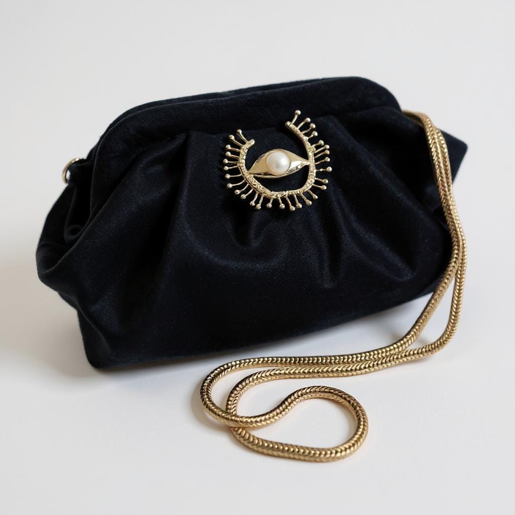 Black Velvet Evening Clutch with Gold Chain & Pearl Eye Brooch, Elegant Handmade Purse for Weddings, Parties, Evening Bag - Glam Duchess