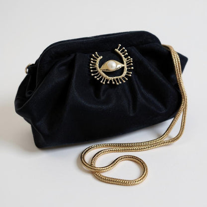 Black Velvet Evening Clutch with Gold Chain & Pearl Eye Brooch, Elegant Handmade Purse for Weddings, Parties, Evening Bag - Glam Duchess