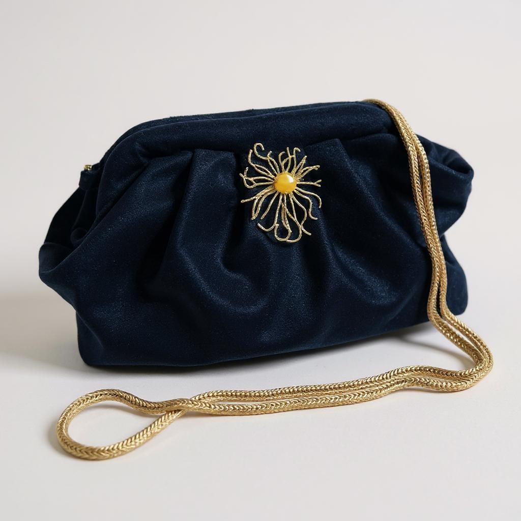 Midnight Velvet Clutch with Gold Floral Brooch| Elegant Evening Bag | Handmade Purse for Weddings & Special Events| - Glam Duchess