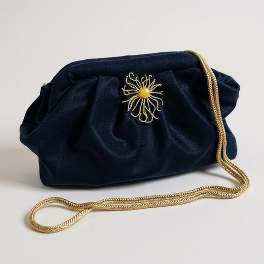 Velvet Clutch Bag with Gold Floral Brooch – Elegant Handmade Evening Purse for Weddings & Special Events