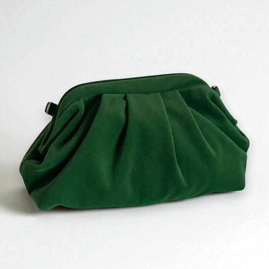 Emerald Green Velvet Clutch Bag | Vintage-Inspired Evening Purse | Soft Pleated Fabric Handbag | Elegant Formal Party Bag | Made in Türkiye