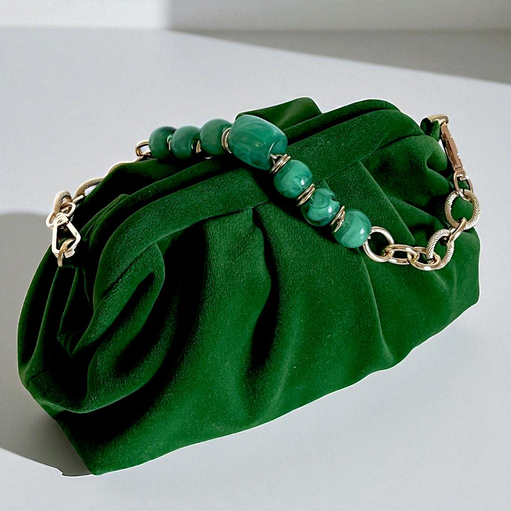 Emerald Green Velvet Clutch Bag | Vintage-Inspired Evening Purse | Soft Pleated Fabric Handbag | Elegant Formal Party Bag | Made in Türkiye