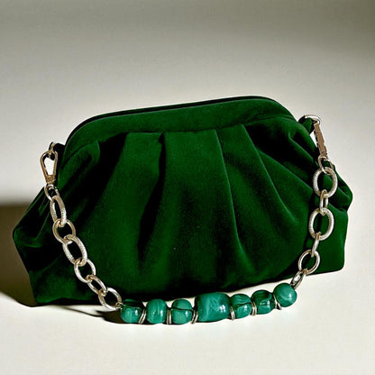 Emerald Green Velvet Clutch Bag | Vintage-Inspired Evening Purse | Soft Pleated Fabric Handbag | Elegant Formal Party Bag - Glam Duchess