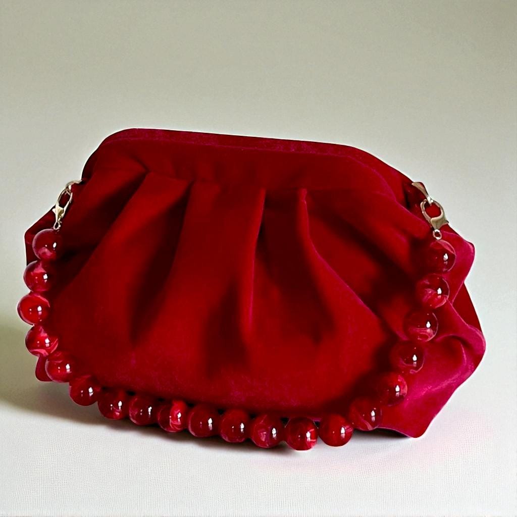 Red Velvet Clutch Bag with Beaded Handle – Elegant Evening Purse, Vintage Style Handbag for Weddings, Parties| - Glam Duchess