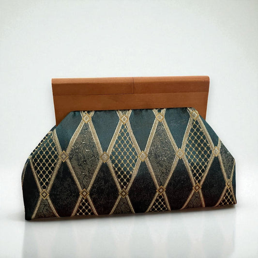 Vintage-Inspired Green Gold Tapestry Clutch Bag with Wooden Frame – Elegant Geometric Evening Purse for Special Occasions, Made in Turkiye