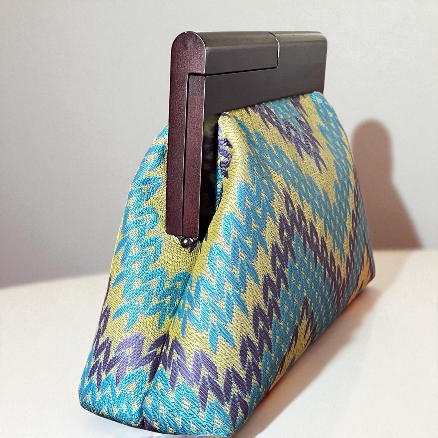 Oversized Vintage-Inspired Brocade Clutch Bag with Wooden Frame | Zigzag Pattern Evening Purse | Statement Handbag, Made in Turkiye