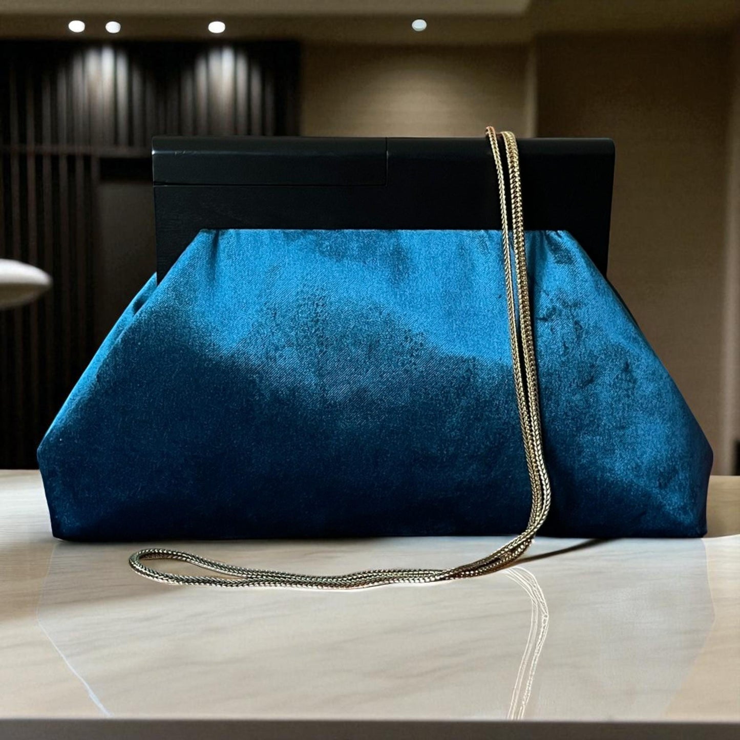 Oversized Turquoise Velvet Clutch Bag with Black Wooden Frame | Luxury Statement Evening Purse | Handmade Soft Suede Bag - Glam Duchess
