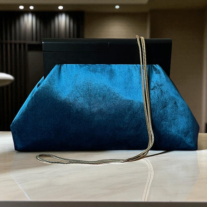 Oversized Turquoise Velvet Clutch Bag with Black Wooden Frame | Luxury Statement Evening Purse | Handmade Soft Suede Bag - Glam Duchess