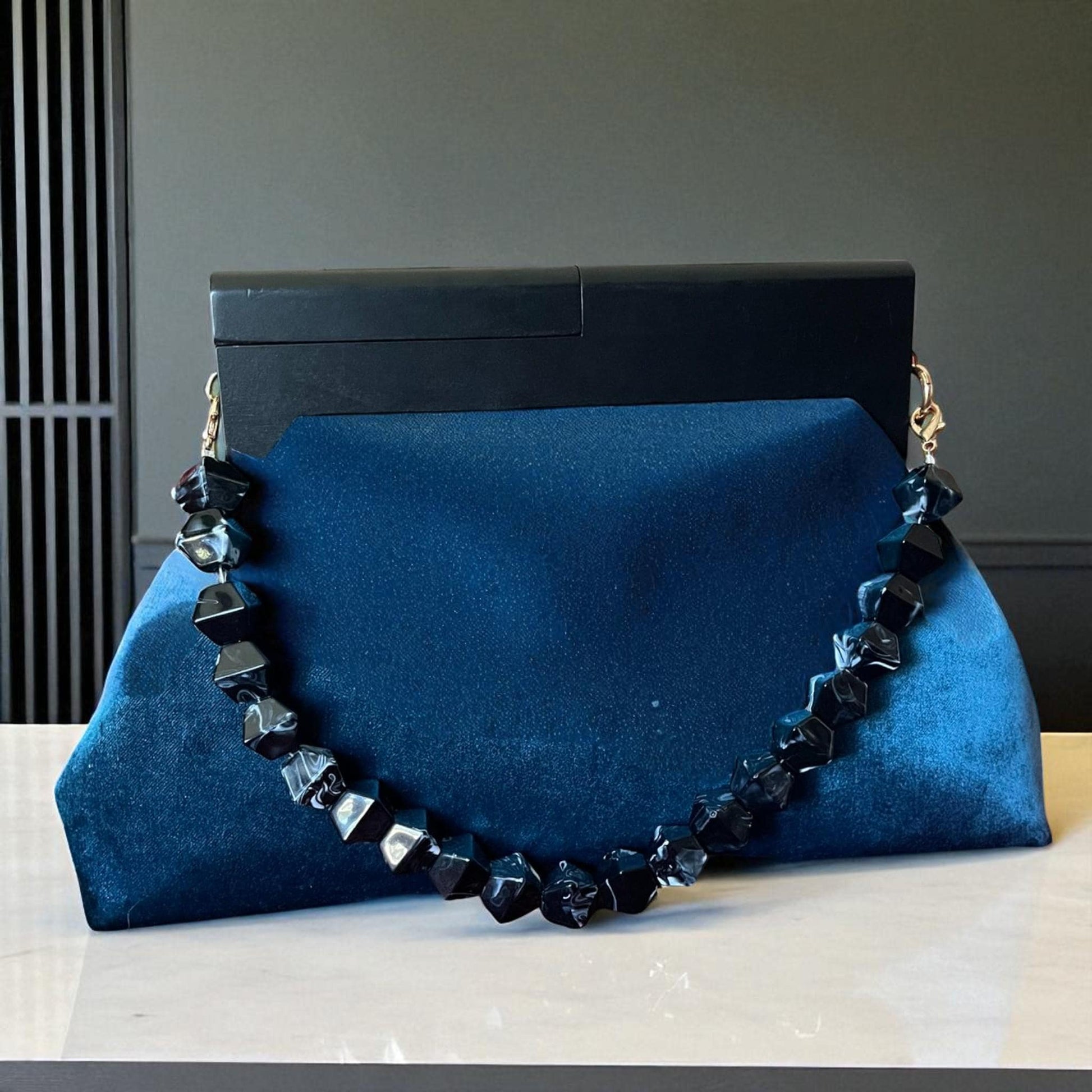 Oversized Turquoise Velvet Clutch Bag with Black Wooden Frame | Luxury Statement Evening Purse | Handmade Soft Suede Bag - Glam Duchess