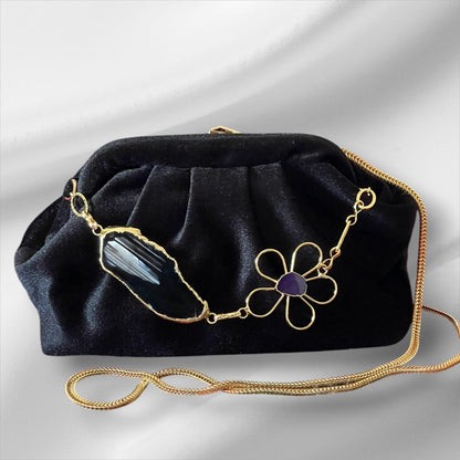 Black Velvet Evening Clutch with Gold Chain & Gold Plated Gemstone Floral Accent, Elegant Handmade Purse for Weddings - Glam Duchess