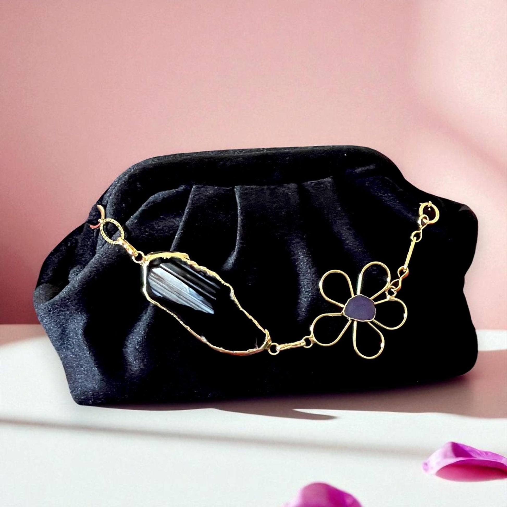 Black Velvet Evening Clutch with Gold Chain & Gold Plated Gemstone Floral Accent, Elegant Handmade Purse for Weddings - Glam Duchess